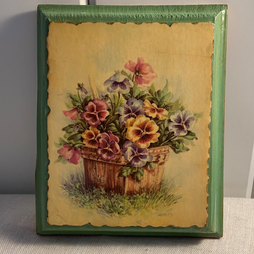 Vintage flower art wood wall hanging  ppansy flower basket card painted MCM 70s